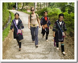 Lisa with Mi (our guide) and a couple of other H'Mong girls on the way to Cat Cat Village