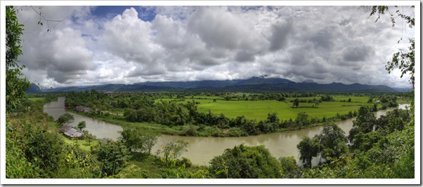 Panoramic view of Vang Vieng and the Nam Xong River from Thamchang Cave