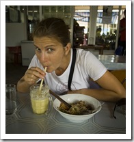 Lisa enjoying lunch at our favorite lunch spot in Vientiane: PVO on the banks of the Mekong