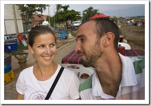 Lisa and Sam having a few drinks at the food stalls along the Mekong