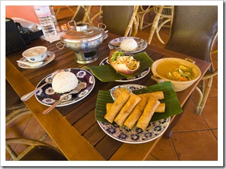 The finished product: banana and pumpkin dessert, Cambodian chicken soup, spring rolls, mango salad and Khmer curry