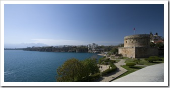 View of Hidirlik Kulesi and Antalya Bay from the cliffs near our hotel