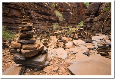 A huge rock garden built over time by hikers in Knox Gorge