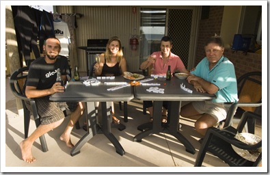 The four of us playing dominoes on our patio at Ningaloo Reef Resort