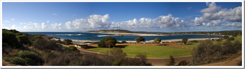 Panoramic of the town of Kalbarri with the Murchison River winding its way into the ocean