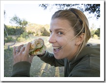 Lisa about to tuck-in to a fish burger in Esperance