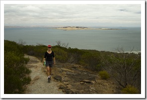 Lisa on the trail up Stamford Hill with Boston Island in the distance