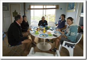 Bob, Gina, Sam, Chris and Lisa around the dinner table at Nora Creina