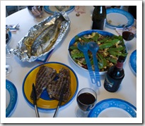 Fresh fish, salad and some good-looking steaks for dinner