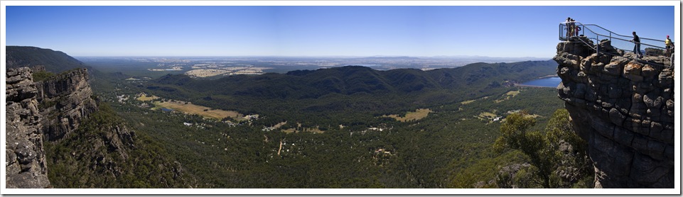 Panorama of (right to left) The Pinnacle, Lake Bellfield, Halls Gap and farmland in the distance