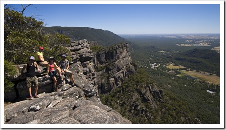 Chris, Gina, Lisa and Sam next to The Pinnacle with Halls Gap in the distance