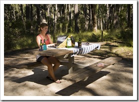 Lisa taking care of business at Strachans campground