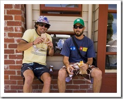 Chris and Sam enjoying a couple of pasties from the bakery in Apollo Bay