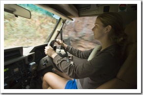 Lisa piloting The Tank along Brocks Road