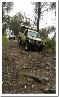 The Tank and Bessie tackling some steep, wet terrain along the King Billy Track