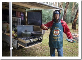 Chris cooking up a storm at our Wonnongatta River campsite