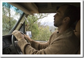 Sam driving cautiously along the Wombat Spur Track