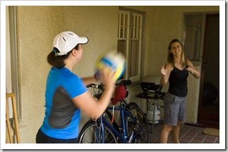 Bronte and Lisa exercising on the front porch