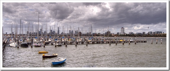 Yachts at the Saint Kilda Pier with the city of Melbourne in the background