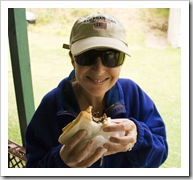 Lisa snacking on one of the best steak sandwiches ever at the King Island Races