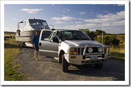 Grant pulling his abalone boat out of the shed