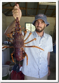 Sam and a monster crayfish at Al's cousin's farm