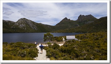 The Youngs and Lisa hiking around Dove Lake with Cradle Mountain in the distance