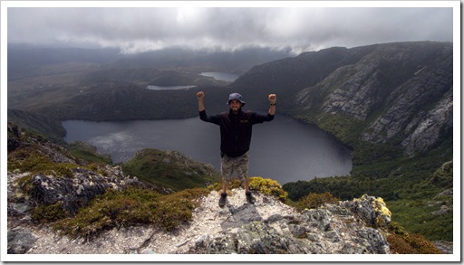 Sam on top of Crater Peak with Crater Lake in the background