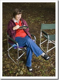 Carol enjoying blackberry pancakes for breakfast at Lilydale Falls