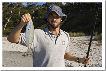 Sam with a Salmon Trout at Fortescue Bay