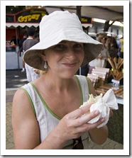 Lisa enjoying a Persian yiros at the Salamanca Markets