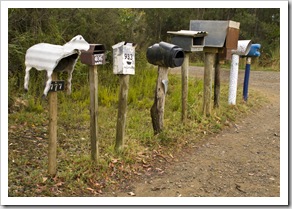 Eclectic mail boxes on the road between Cloudy Bay and Adventure Bay