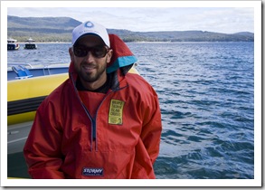 Sam suited up for our trip with Bruny Island Cruises