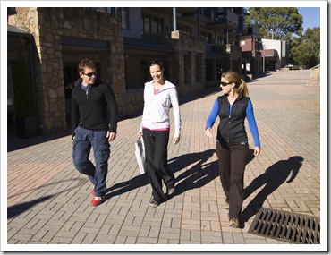 Will, Abi and Lisa walking through Thredbo village