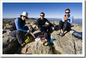 Lisa, Will and Abi having breakfast on the top of Mount Kosciuszko