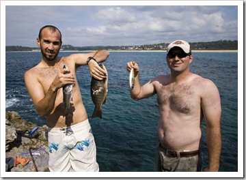 Sam and Jarrid with fresh fish from the reef at Bannisters Point