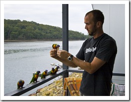 Sam with some friendly Rainbow Lorikeets at Lake Conjola