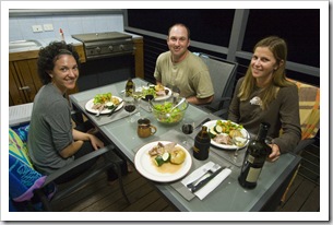 Jacque, Jarrid and Lisa with a lamb roast at Lake Conjola