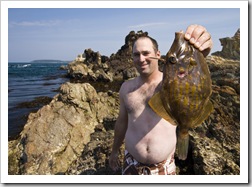 Jarrid with a monster Leatherjacket at Tomakin