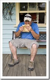 Jarrid enjoying a pie from Tilba Bakery