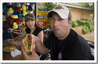 Jarrid and his first burger with 'the lot' 