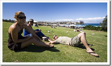 Lisa, Jacque and Jarrid taking it all in on the grass at Bondi