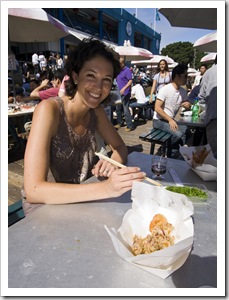 Jacque with some salt and pepper squid at the Sydney Fish Market