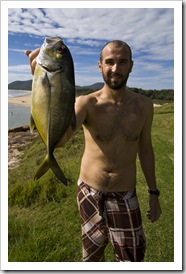 Sam with a Big Eye Trevally at South West Rocks