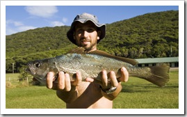 Sam with a solid Mulloway in Booti Booti National Park