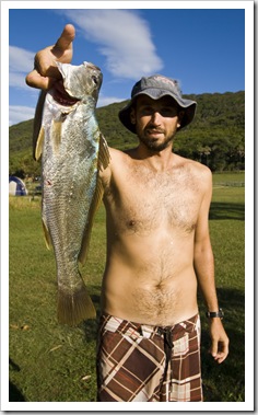 Sam with a solid Mulloway in Booti Booti National Park