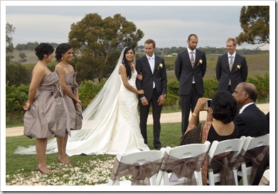 The wedding party: Tess, Lali, Priya, Sam, Sam and Mark