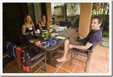 Lisa, Anna and Matt enjoying and outdoor breakfast