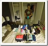 Lisa doing one of her favourite things: organizing her wardrobe before we hit the road