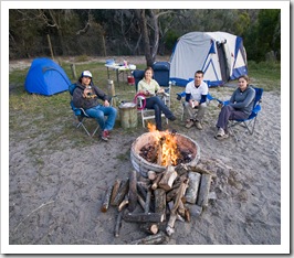 Chris, Lisa, James and Sarah enjoying the fire at Waddy Point